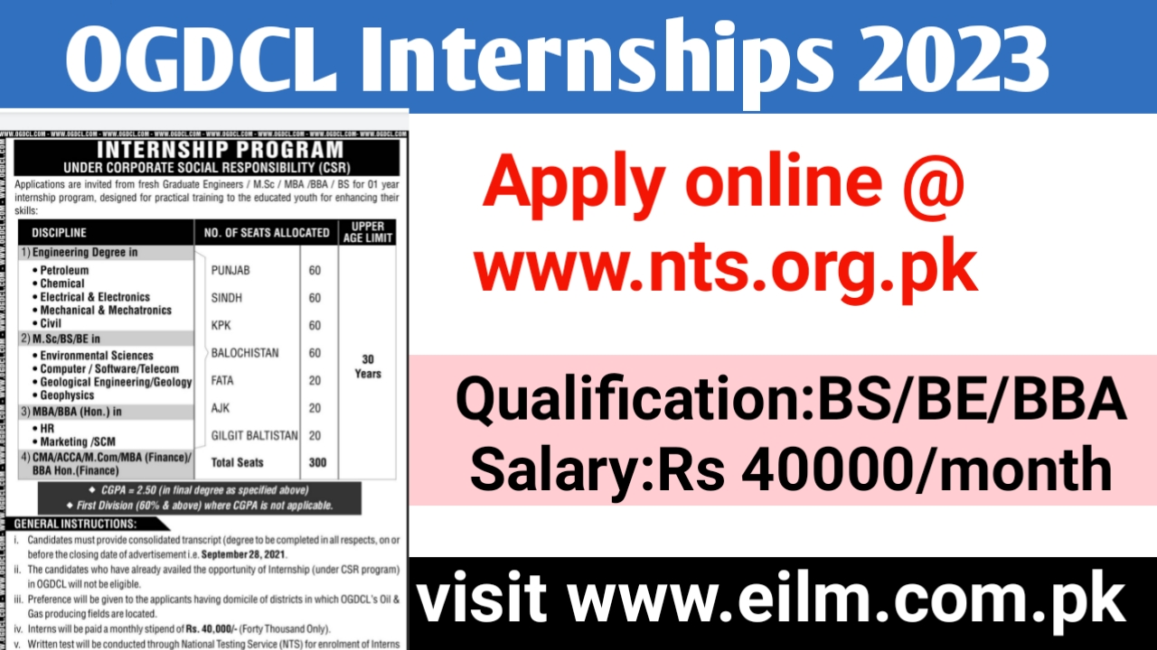 Apply online www.nts.org.pj for OGDCL Internship 2023