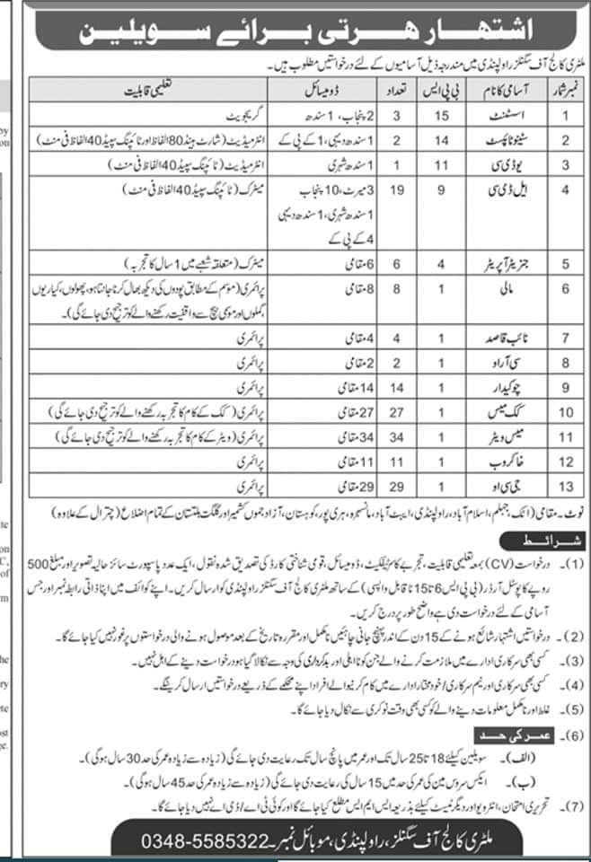 Military College Of Signals Rawalpindi Jobs 2023 Advertisement 