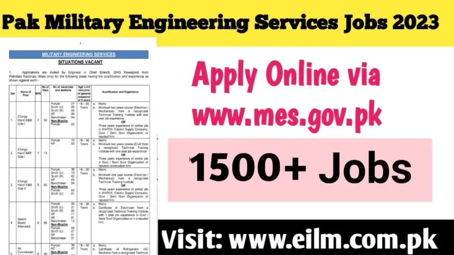 The Pakistan Military Engineering Services MES Jobs 2023 Thumbnail | Apply online via www.mes.gov.pk
