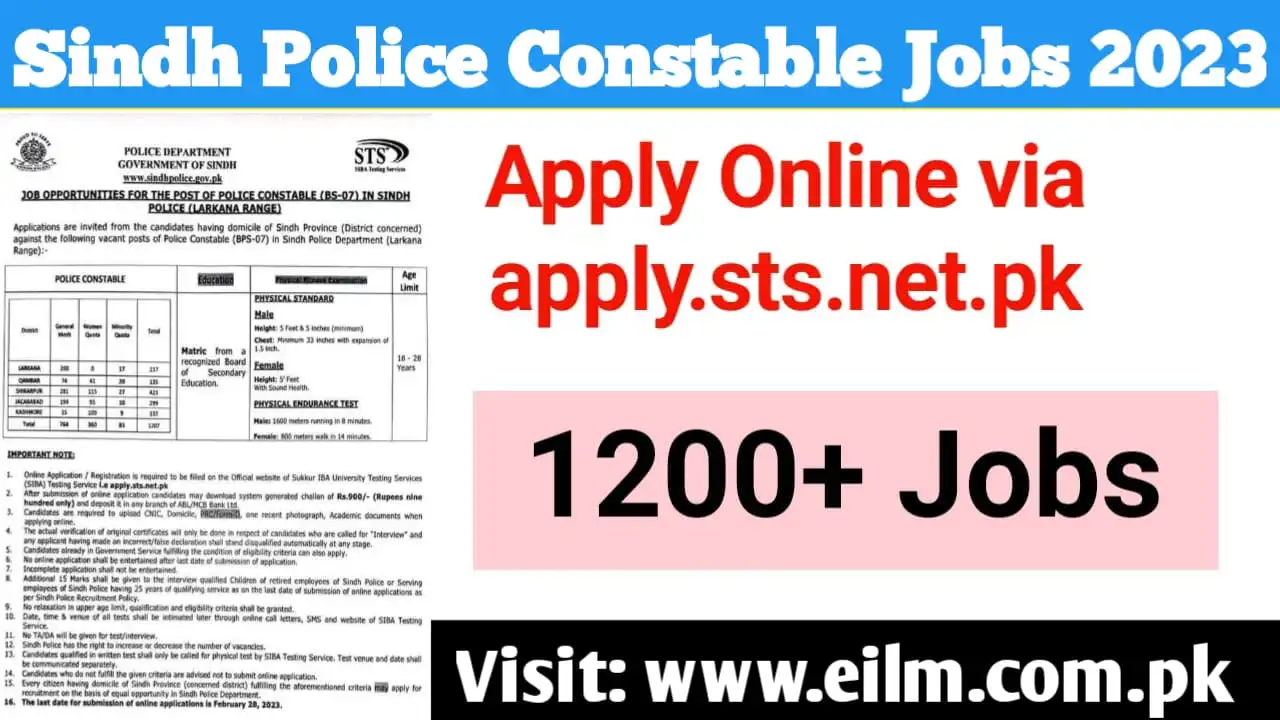 Sindh Police Constable Jobs 2023 | Online Registration via www.apply.sts.net.pk