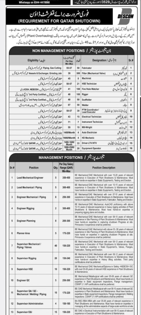 Descon Engineering Jobs 2023|Descon Qatar shutdown 2023 | Advertisement