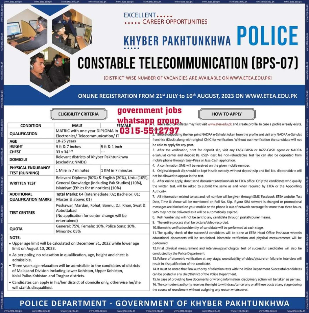 KPK Police Constable Telecommunication Jobs 2023 Online Apply www.etea.Edu.Pk Advertisement