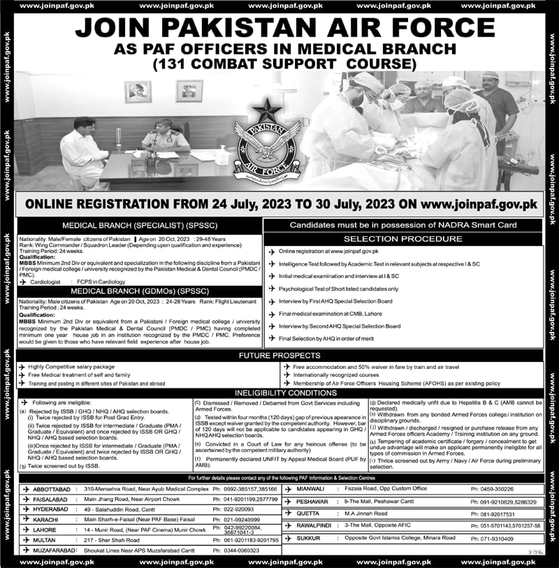 PAF Jobs 2023  | Join PAF As Medical Officers in Medical Branch (SPSSC) Advertisement