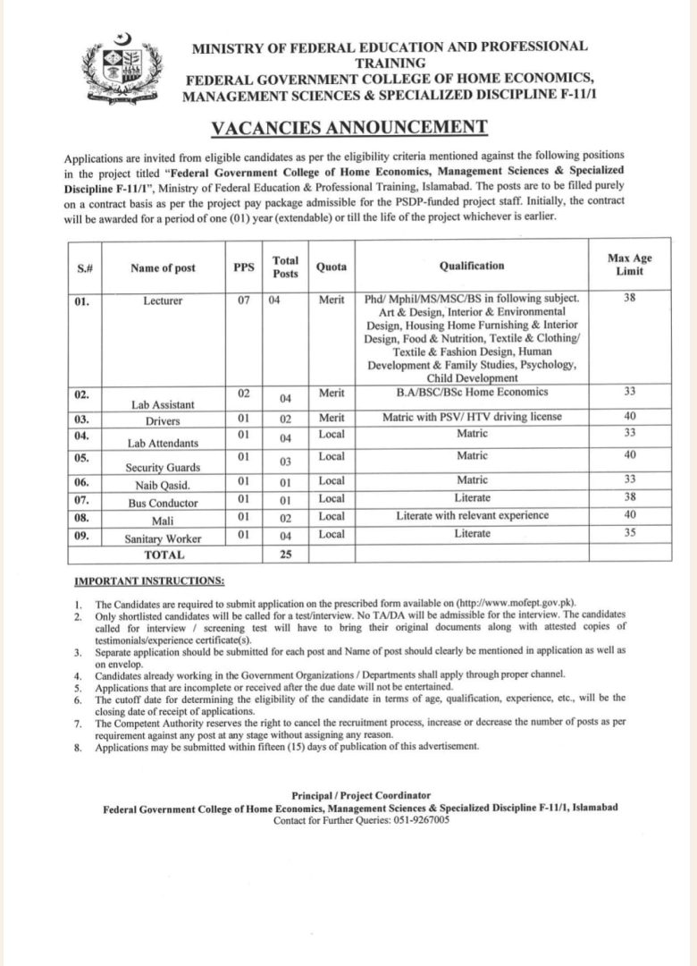 Ministry of Federal Education and Professional Training Islamabad Jobs 2023 Advertisement