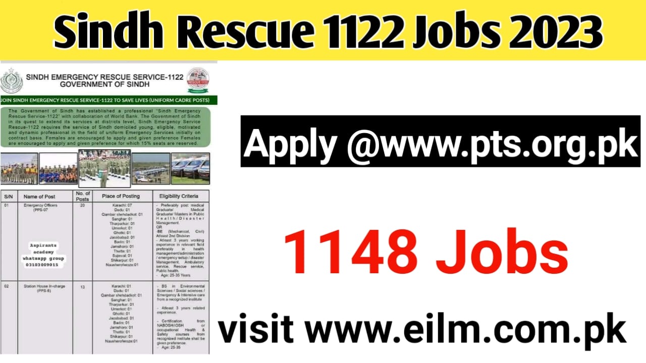 Sindh Emergency Rescue 1122 Jobs|Download Application Form www.pts.org.pk 
