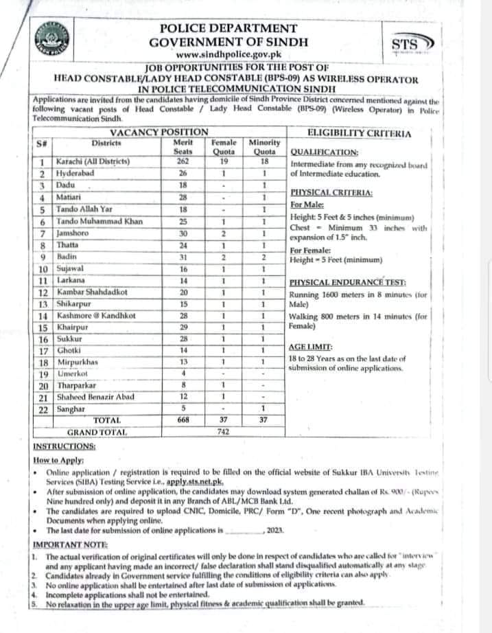 Sindh Police Head Constable Jobs 2023|Apply Online www.apply.sts.net.pk