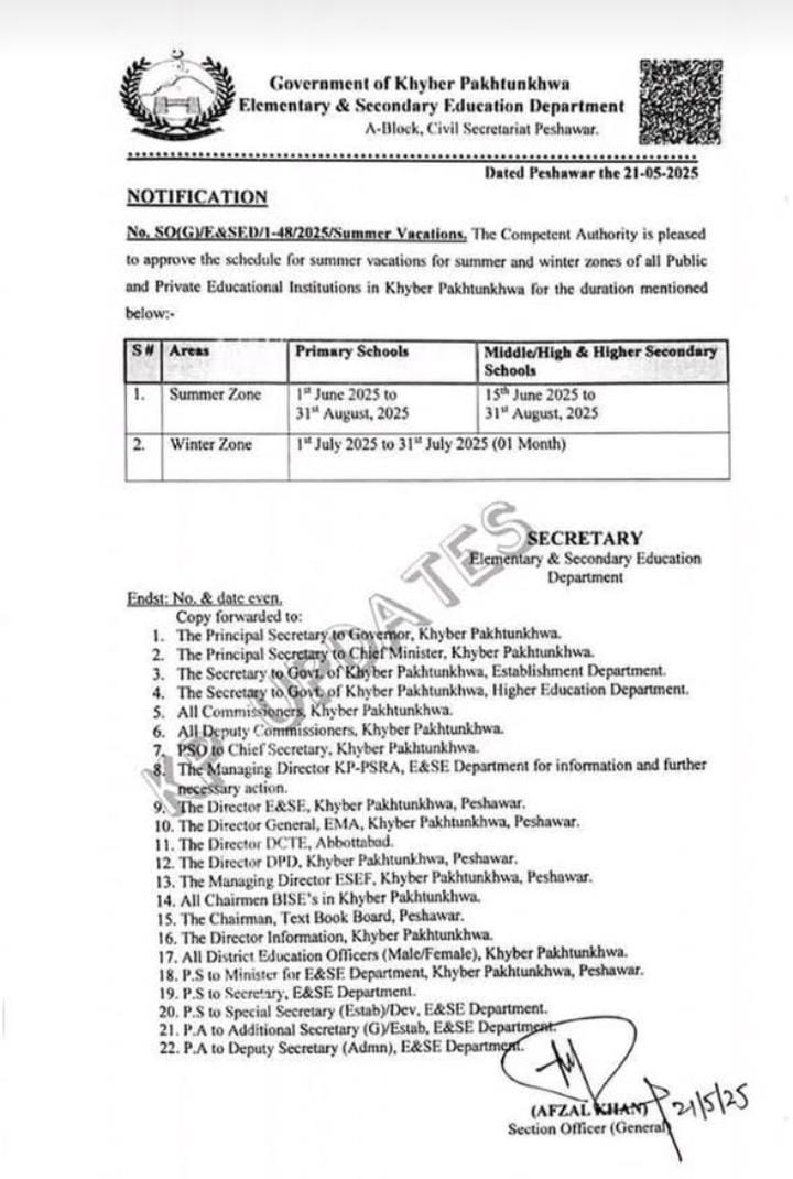 Summer Vacation Schedule KPK  2025 Notification